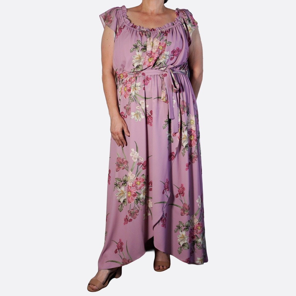 City Chic Mauve Floral Maxi Dress Plus Size 1X 2X Romantic Cottagecore Boho M/18